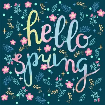 Watercolor hand drawn Hello spring greeting card. Stock Illustration