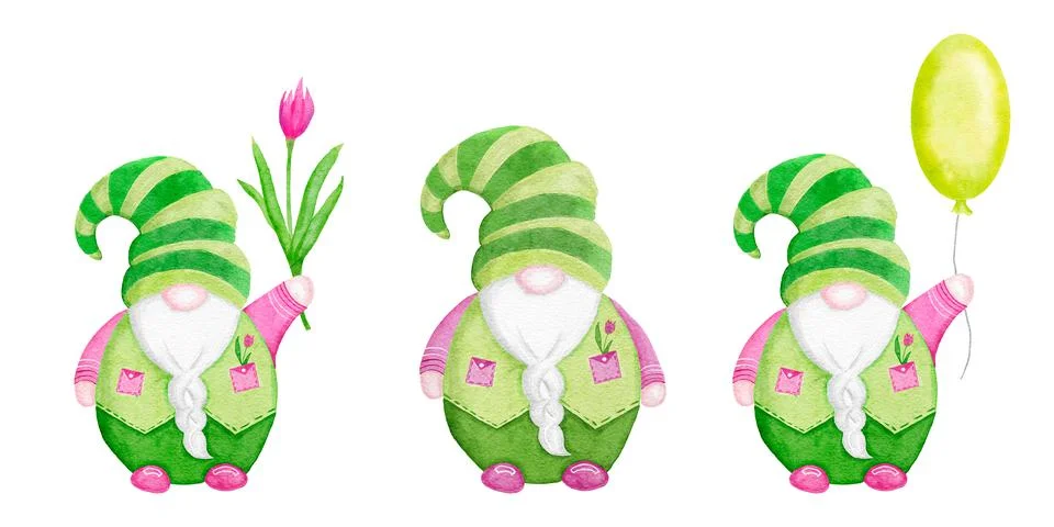 Watercolor hand drawn illsutation of Easter gnomes in cute kawaii pink and green Stock Illustration