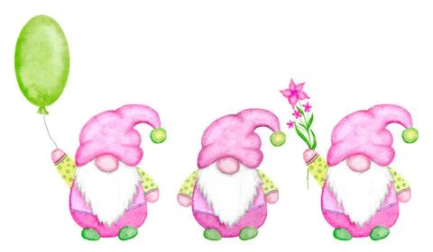 Watercolor hand drawn illsutation of Easter gnomes in cute kawaii pink and green Stock Illustration
