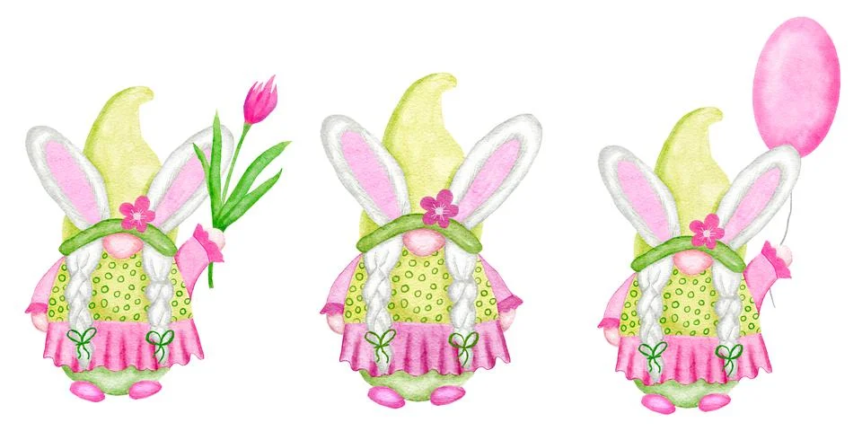 Watercolor hand drawn illsutation of Easter gnomes in cute kawaii pink and green Stock Illustration