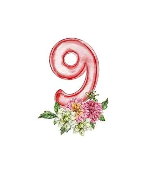 Watercolor hand drawn numbers and flowers composition. Illustration of a nu.. Stock Illustration