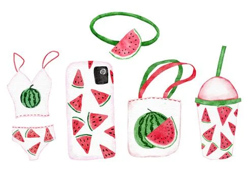 Watercolor hand drawn objects with watermelon summer print, red green swimsuit Illustrazione stock