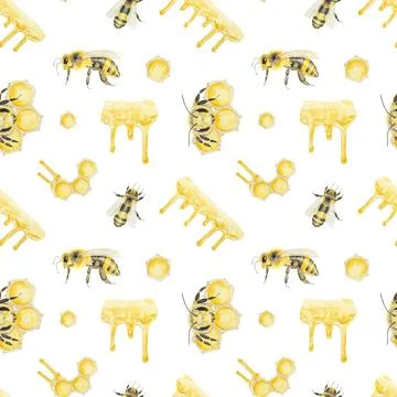 Watercolor hand drawn pattern of bees and honey isolated on white background Ilustración de archivo