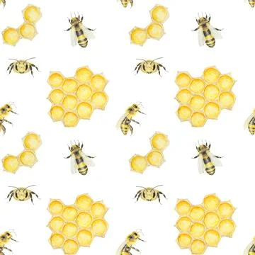 Watercolor hand drawn pattern with bees and honey isolated on white background Stock Illustration
