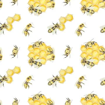 Watercolor hand drawn pattern with bees and honey isolated on white background Stock Illustration