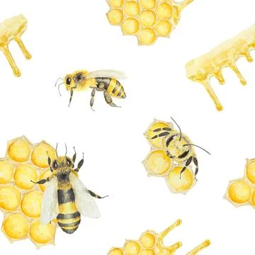 Watercolor hand drawn pattern with bees and honey isolated on white background Stock Illustration