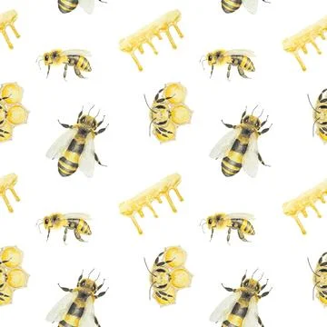 Watercolor hand drawn pattern of bees and honey isolated on white background Stock Illustration