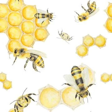 Watercolor hand drawn pattern of bees and honey isolated on white background Stock Illustration