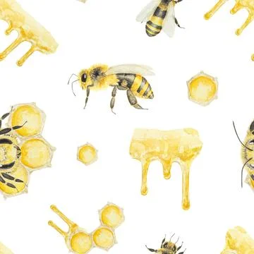 Watercolor hand drawn pattern of bees and honey isolated on white background Ilustración de archivo