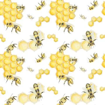 Watercolor hand drawn pattern of bees and honey isolated on white background Stock Illustration