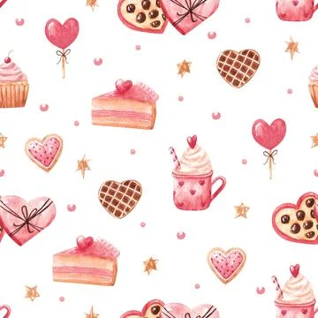 Watercolor hand drawn pattern with sweets as pie, lollipop, wafle, cooky Stock Illustration