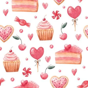 Watercolor hand drawn pattern with sweets as pie, lollipop, cupcake, cooky Stock Illustration