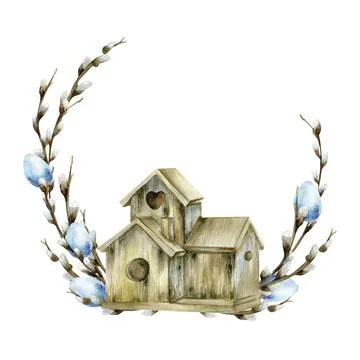 Watercolor hand drawn rustic easter illustration. Wooden bird house with wi.. Stock Illustration