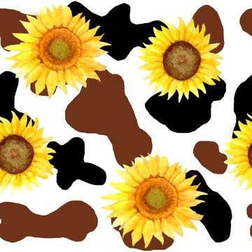 Watercolor hand drawn seamless cow print fabric pattern, yellow sunflower floral Stock Illustration