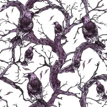 Watercolor hand drawn seamless pattern with tree branches Stock Illustration