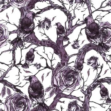 Watercolor hand drawn seamless pattern with tree branches Stock Illustration