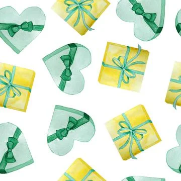 Watercolor hand drawn seamless pattern with green and yellow gift boxes with Stock Illustration