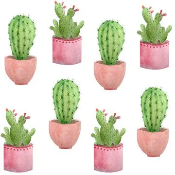 Watercolor hand drawn seamless pattern of tropical mexican cactus cacti Illustrazione stock