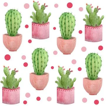 Watercolor hand drawn seamless pattern of tropical mexican cactus cacti Stock Illustration