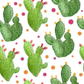 Watercolor hand drawn seamless pattern of tropical mexican cactus cacti Stock Illustration