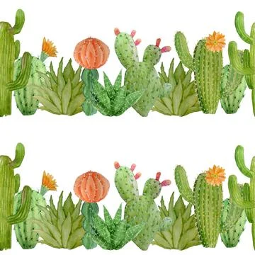 Watercolor hand drawn seamless pattern of tropical mexican cactus cacti Stock Illustration