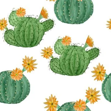 Watercolor hand drawn seamless pattern of tropical mexican cactus cacti 스톡 일러스트
