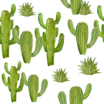 Watercolor hand drawn seamless pattern of tropical mexican cactus cacti イラスト素材