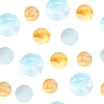 Watercolor hand drawn seamless pattern with blue orange beige copper polka dor Stock Illustration