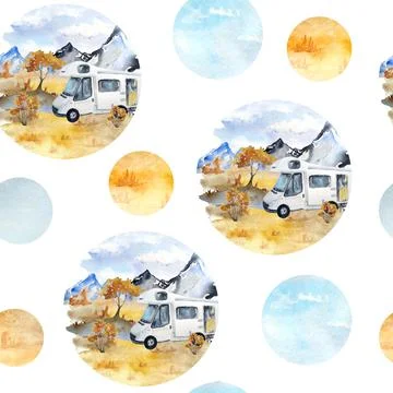 Watercolor hand drawn seamless pattern with fall autumn landscape with mountains 스톡 일러스트