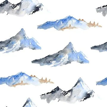 Watercolor hand drawn seamless pattern with blue winter mountain range peaks Stock Illustration