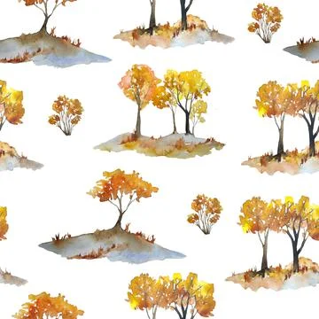 Watercolor hand drawn seamless pattern with fall autumn landscape with mountains イラスト素材