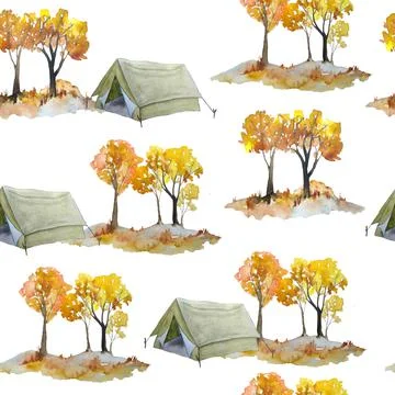 Watercolor hand drawn seamless pattern with fall autumn landscape with mountains Illustrazione stock