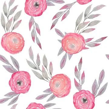 Watercolor hand drawn seamless pattern with pink grey gray leaves flowers Stock Illustration