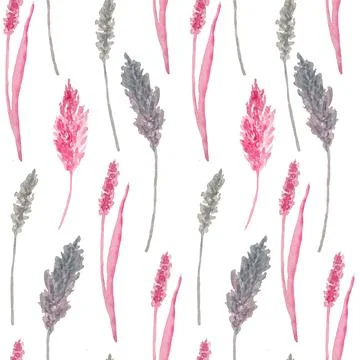 Watercolor hand drawn seamless pattern with pink grey gray leaves flowers Stock Illustration