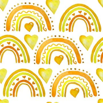 Watercolor hand drawn seamless pattern with fall leaves maple leaf in yellow Stock Illustration