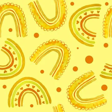Watercolor hand drawn seamless pattern with fall leaves maple leaf in yellow Stock Illustration