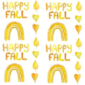 Watercolor hand drawn seamless pattern with fall leaves maple leaf in yellow 스톡 일러스트