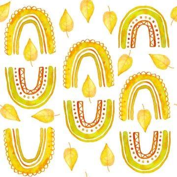 Watercolor hand drawn seamless pattern with fall leaves maple leaf in yellow Stock Illustration