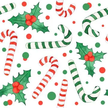 Watercolor hand drawn seamless pattern with Christmas holly plant sugar canes Stock Illustration