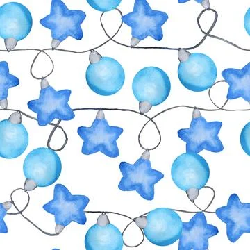 Watercolor hand drawn seamless pattern with blue Christmas lights electric bulbs Stock Illustration