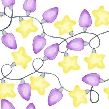 Watercolor hand drawn seamless pattern with yellow purple violet Christmas Stock Illustration