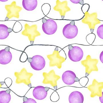 Watercolor hand drawn seamless pattern with yellow purple violet Christmas Stock Illustration