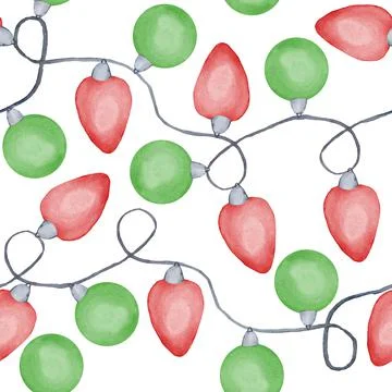 Watercolor hand drawn seamless pattern with red green Christmas lights electric Stock Illustration