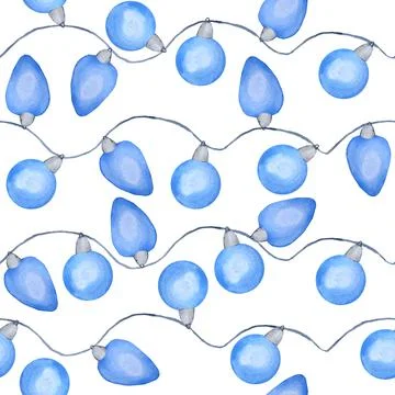 Watercolor hand drawn seamless pattern with blue Christmas lights electric bulbs Stock Illustration