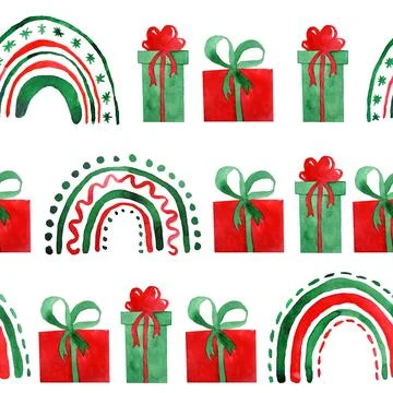 Watercolor hand drawn seamless pattern boho festive rainbows gifts presents Illustrazione stock