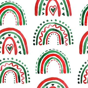 Watercolor hand drawn seamless pattern boho rainbows hearts .Green red christmas Stock Illustration
