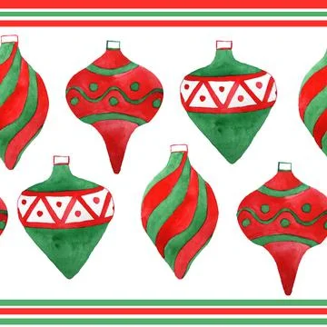 Watercolor hand drawn seamless pattern with Christmas ornaments hangings Stock Illustration