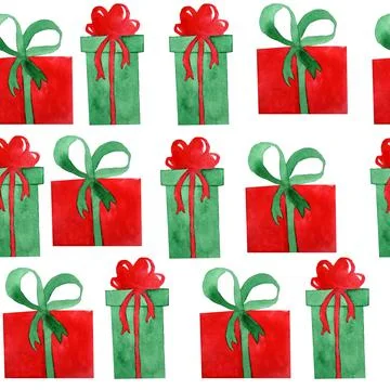 Watercolor hand drawn seamless pattern with gift boxes presents bows ribbons Stock Illustration