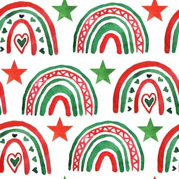 Watercolor hand drawn seamless pattern boho rainbows stars hearts party. Green Stock Illustration