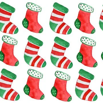 Watercolor hand drawn seamless pattern stockings socks for gifts presents. Green Stock Illustration
